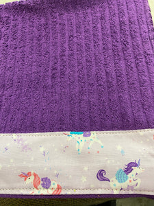 Hooded Towel - Dark Purple with unicorns